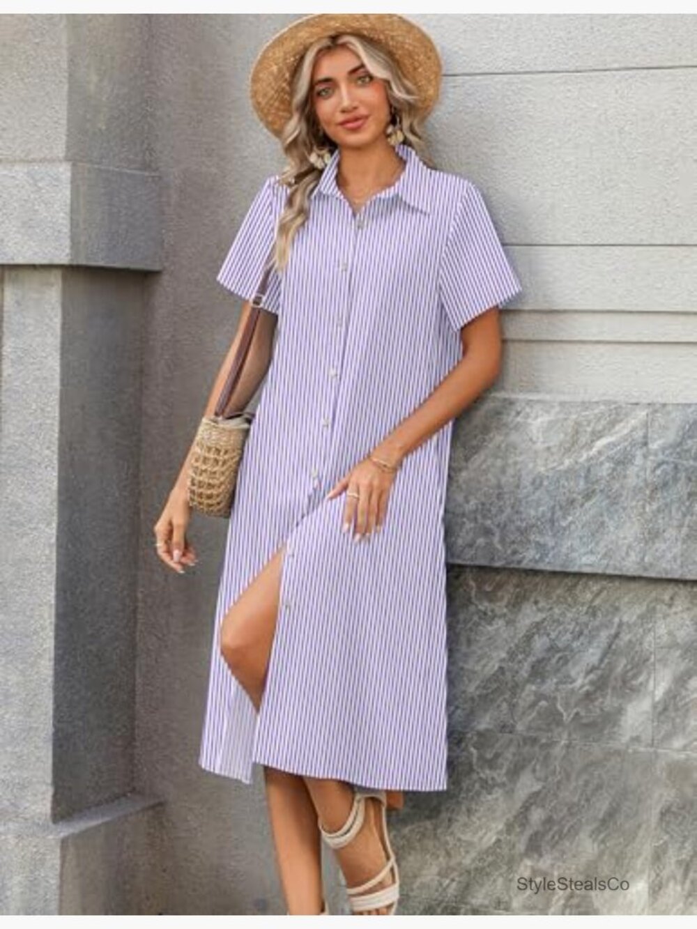 Summer Midi Button Down Shirt Dress A-Line Short Sleeve Beach Cover Up - Picture 4 of 7
